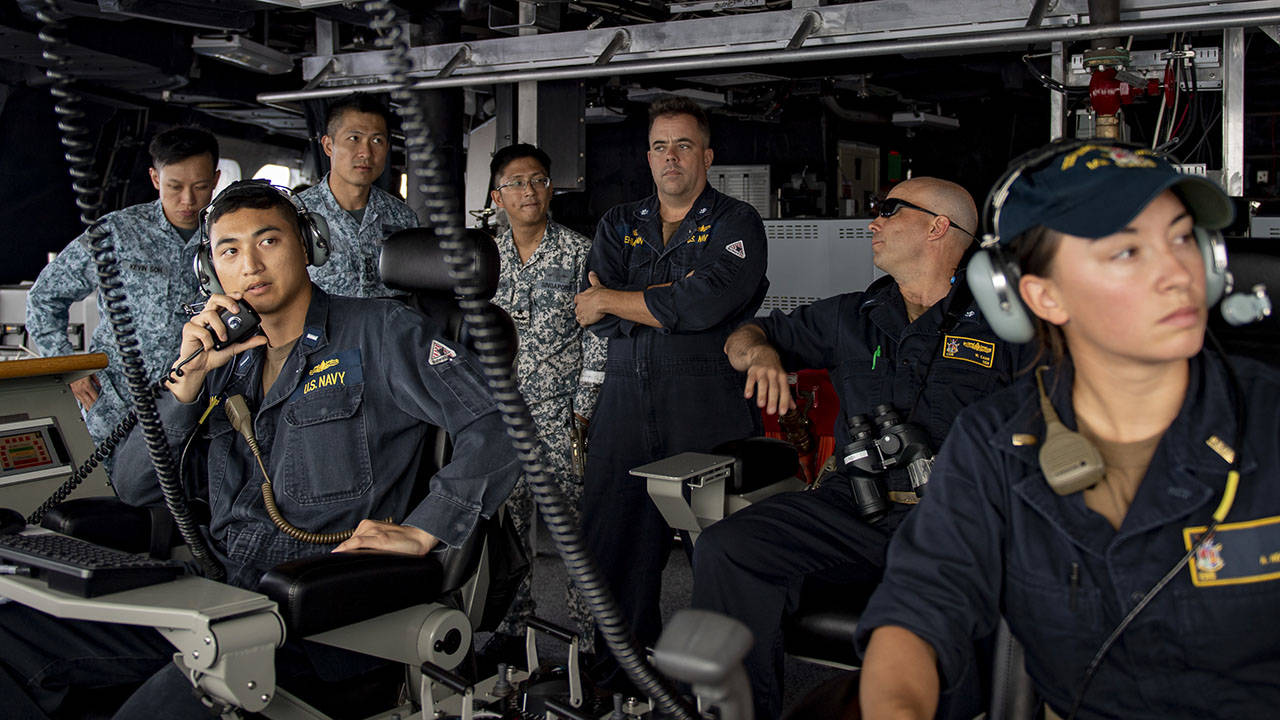Navy Sailors in Bridge of USS Gabrielle Giffords LCS 10