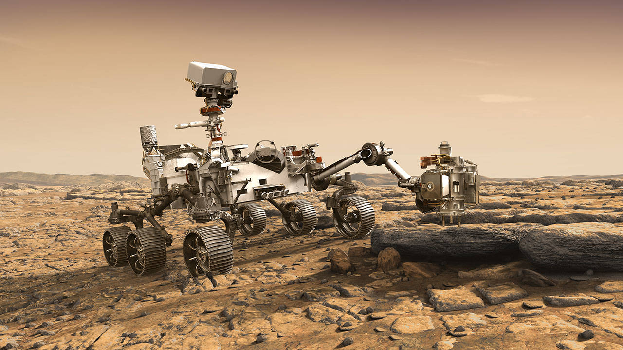 NASA Mars 2020 rover studying a Mars rock