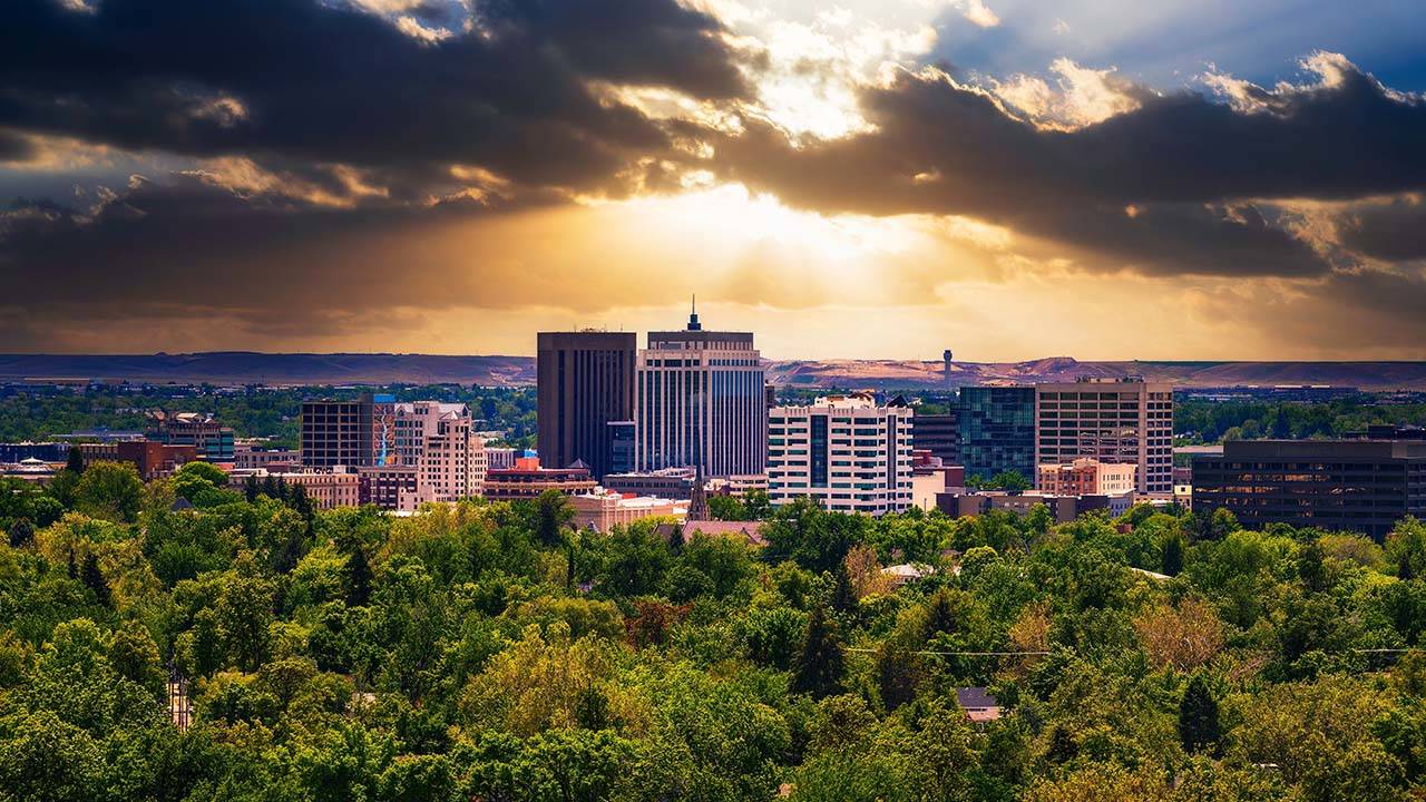 Sunset over Boise skyline in Idaho viewed from Camels Back Park