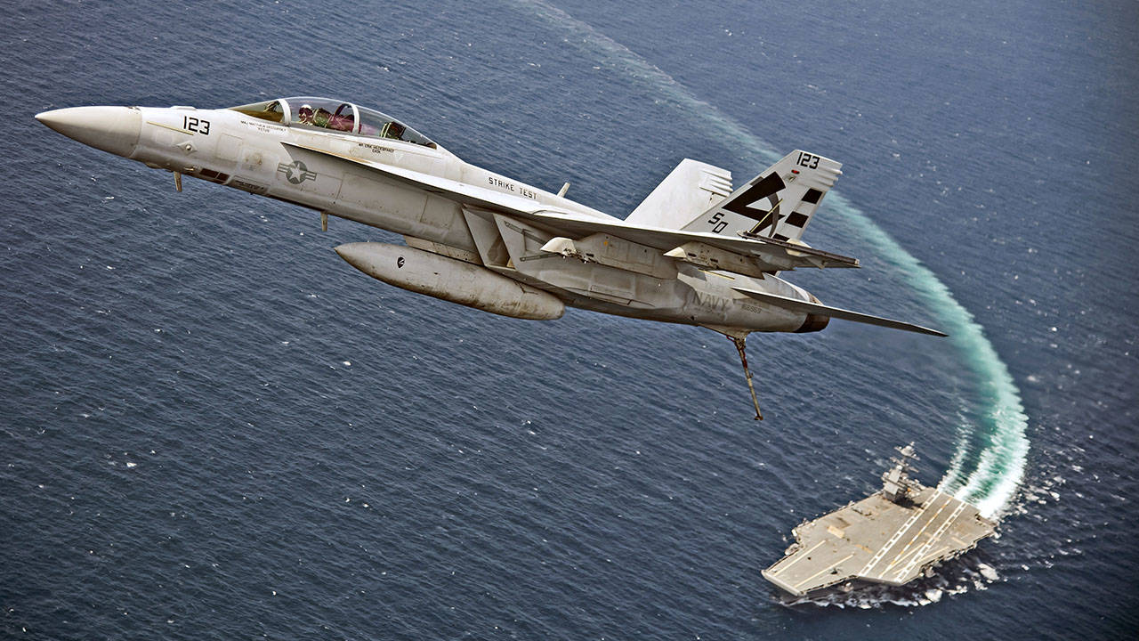 FA-18 Super Hornet Flies Over USS Gerald Ford Aircraft Carrier - July 2017