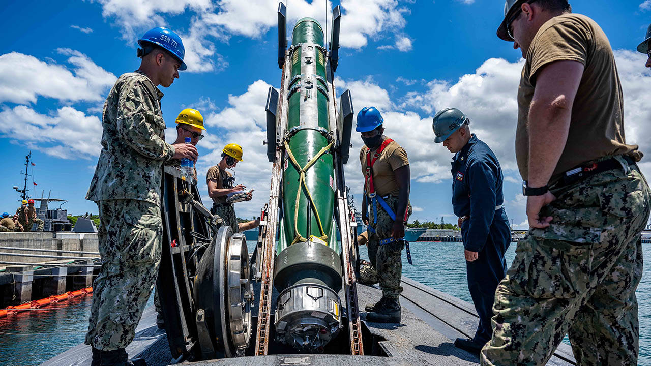 MK48 Advanced Capability Torpoedo Loading into USS Columbia Submarine