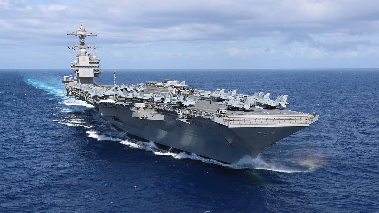 USS Gerald R Ford CVN 78 steams through the Atlantic Ocean