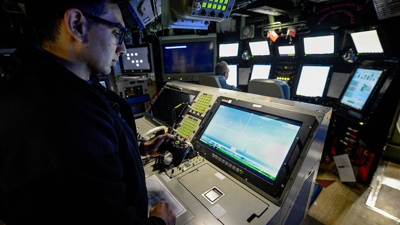 Sailor maneuvers photonic mast aboard Virginiaclass Submarine PCU Colorado SSN 788 4125720